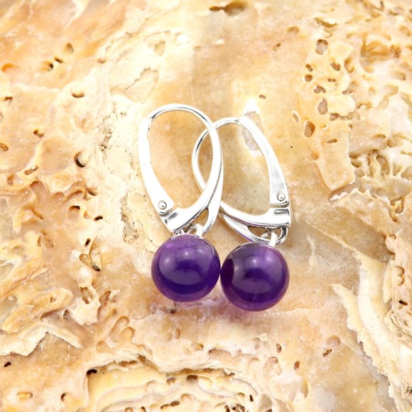 Silver (925) earrings with purple natural amethyst, diameter 8mm - Picture 2 of 12